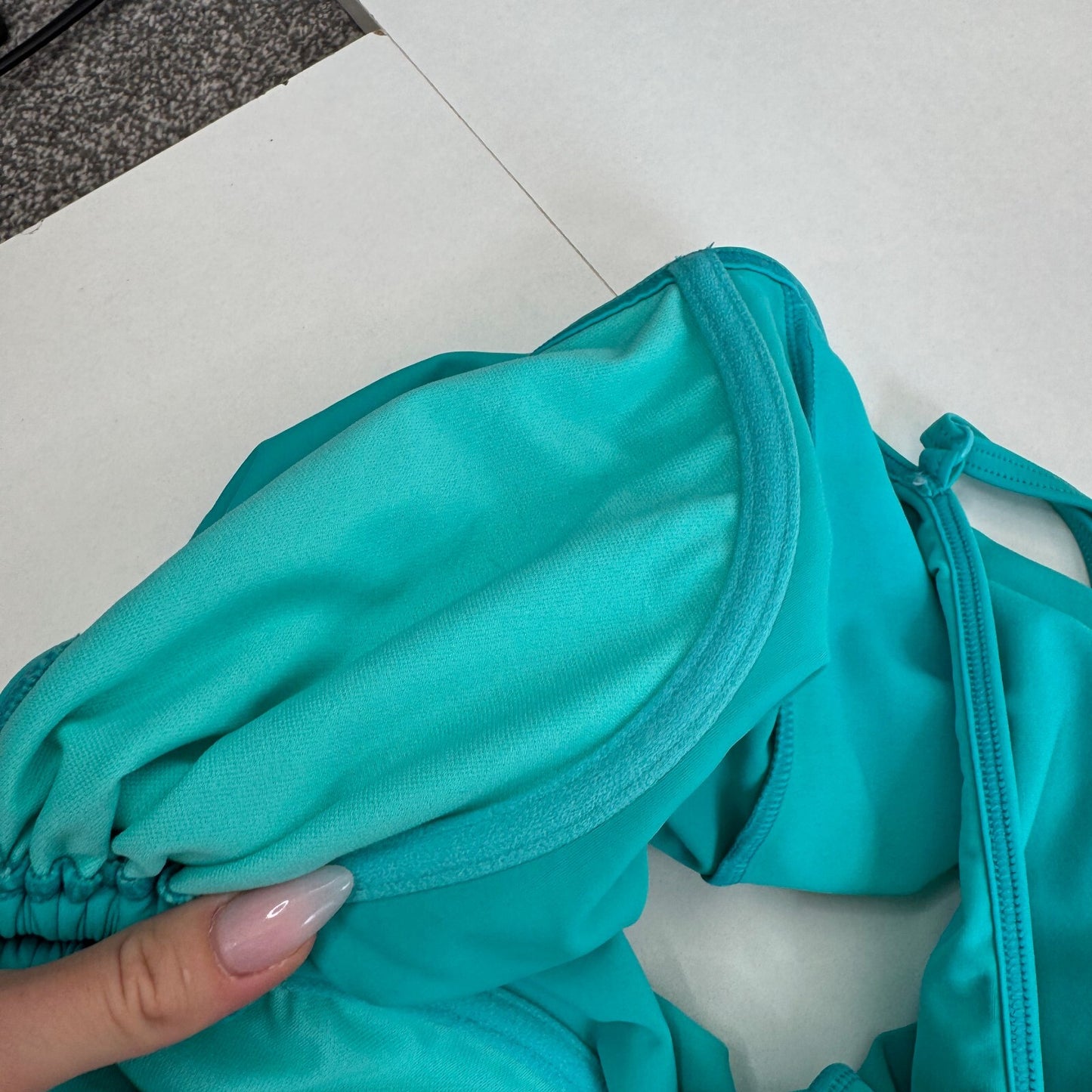 Y2K vintage tankini turquoise top halter neck underwire ruched non padded
