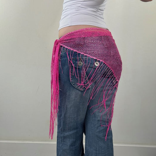 Y2K vintage sparkly sarong scarf cover up pink fringe sheer belt