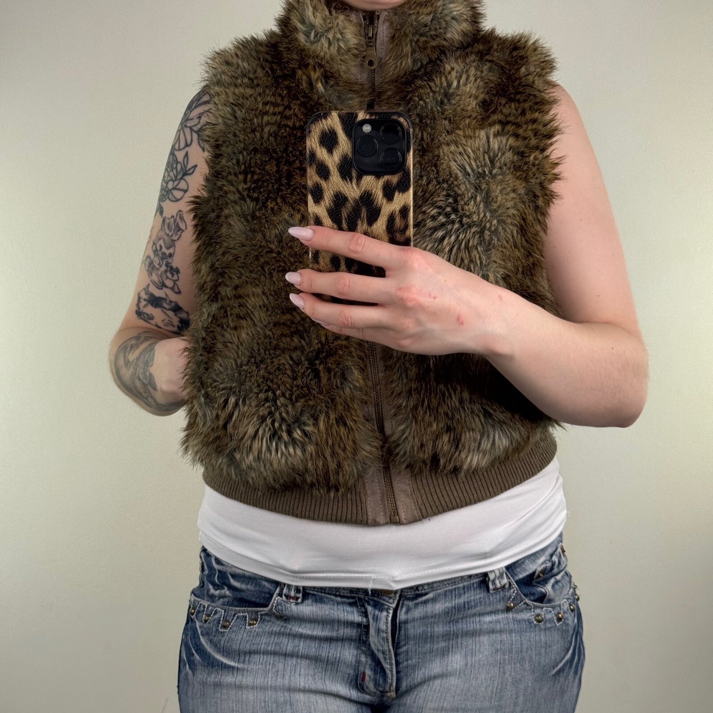 Y2K vintage faux fur gilet short bodywarmer zip up high neck suede trim brown