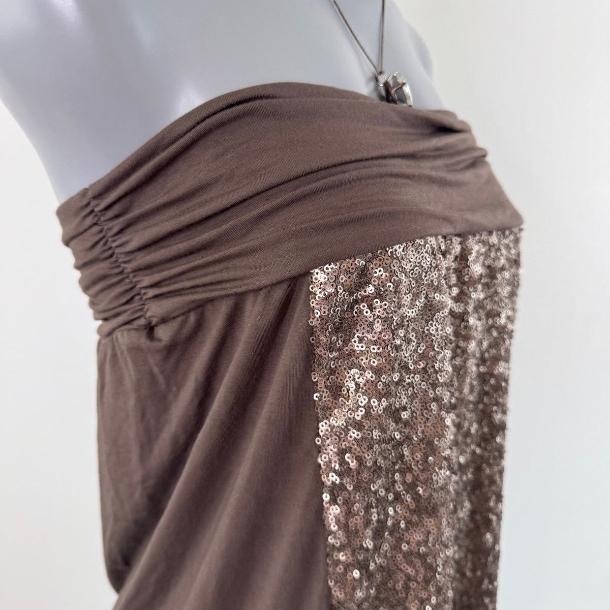 Y2K vintage strapless top sequin embellished ruched mesh trim party brown