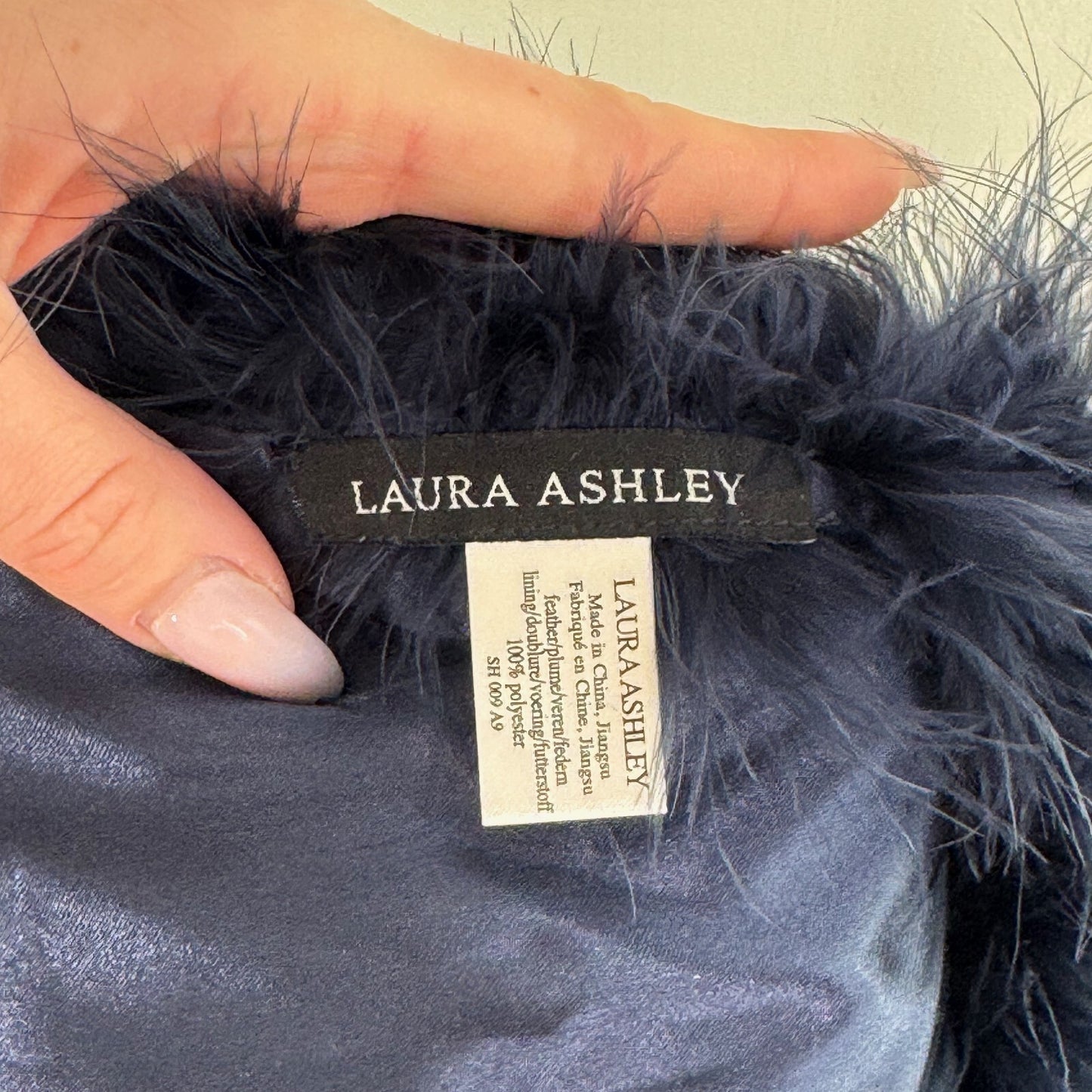 Y2K vintage Laura Ashley feather shawl scarf navy blue tie bow bolero shrug
