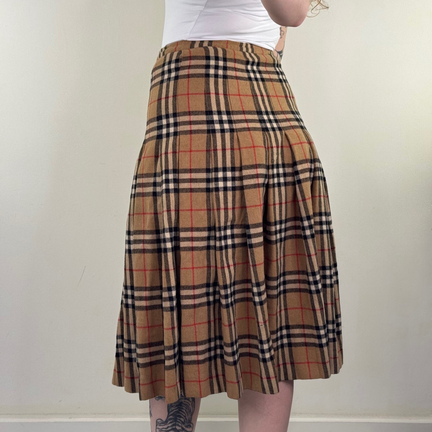 Y2K vintage midi skirt nova check print wool knit pleated a line beige