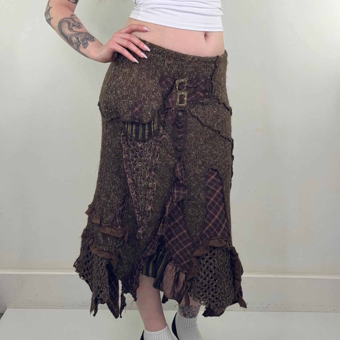 Y2K vintage Juju & Christine maxi skirt knit patchwork buckle boho asymmetrical