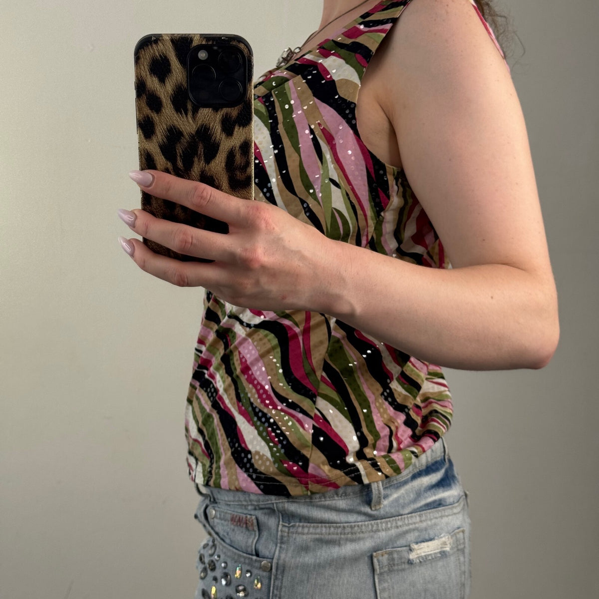 Y2K vintage tank top swirly cowl neck bow party shimmer multi going out