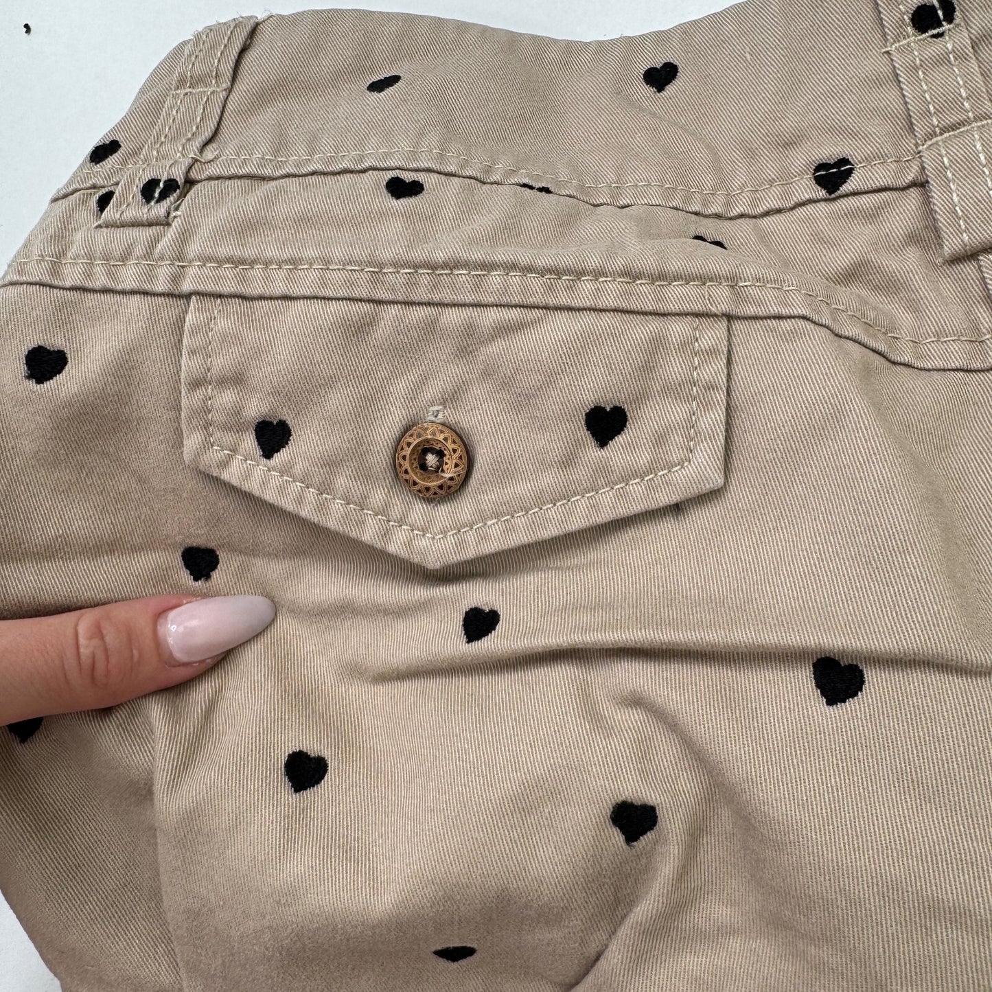 Y2K vintage low rise mini shorts heart embroidered chino buttons pockets