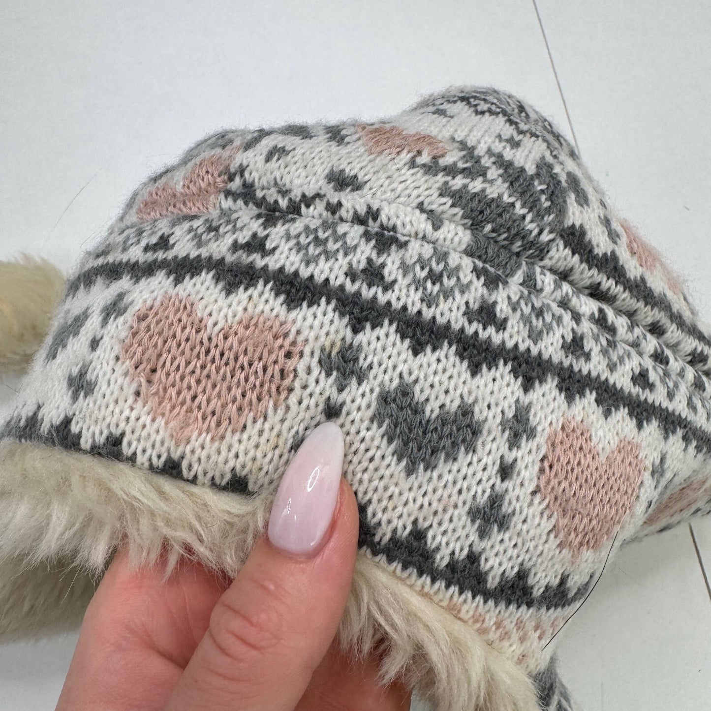 Y2K vintage trapper hat knit faux fur trim pom poms heart aztec print