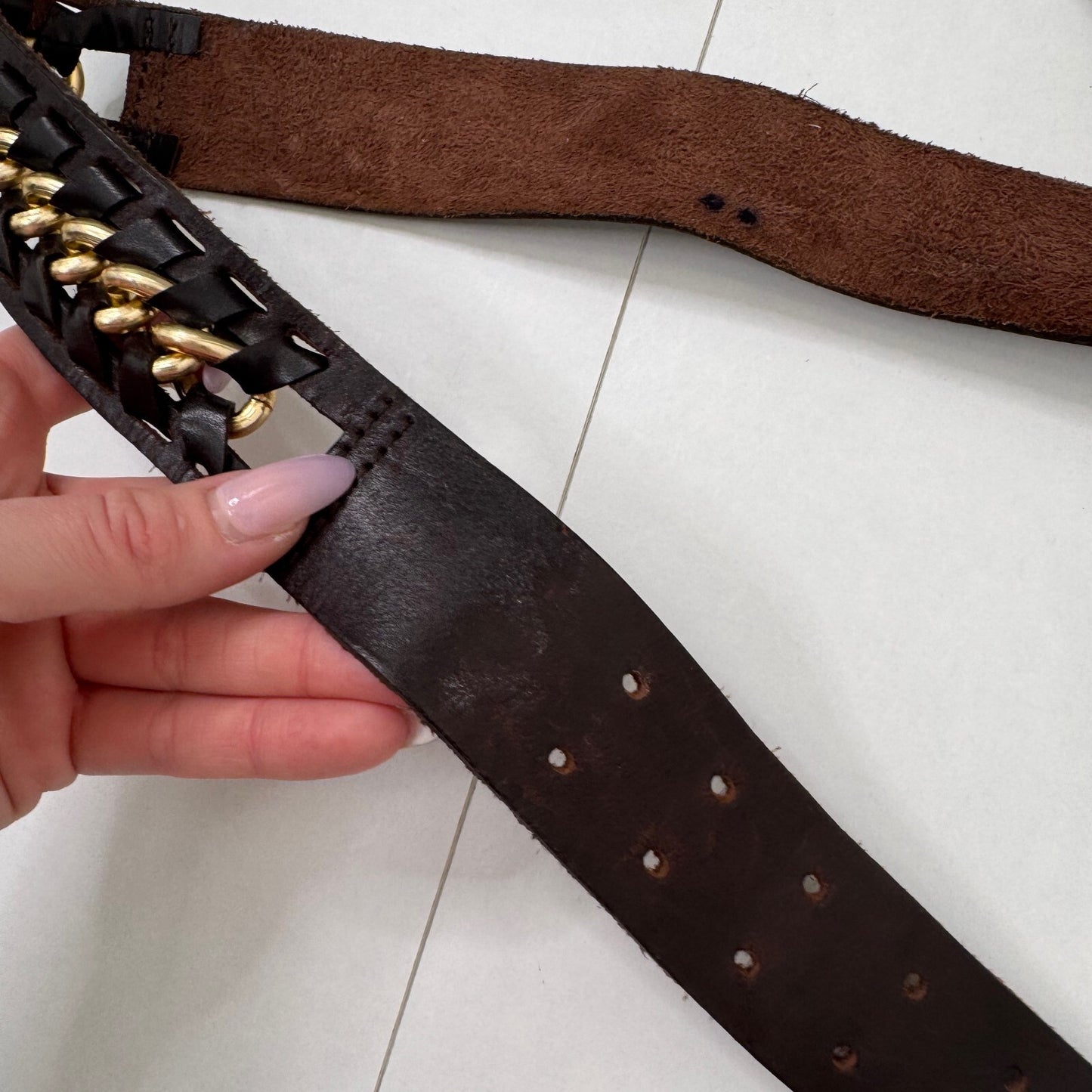 Y2K vintage belt genuine leather chain brown gold buckle