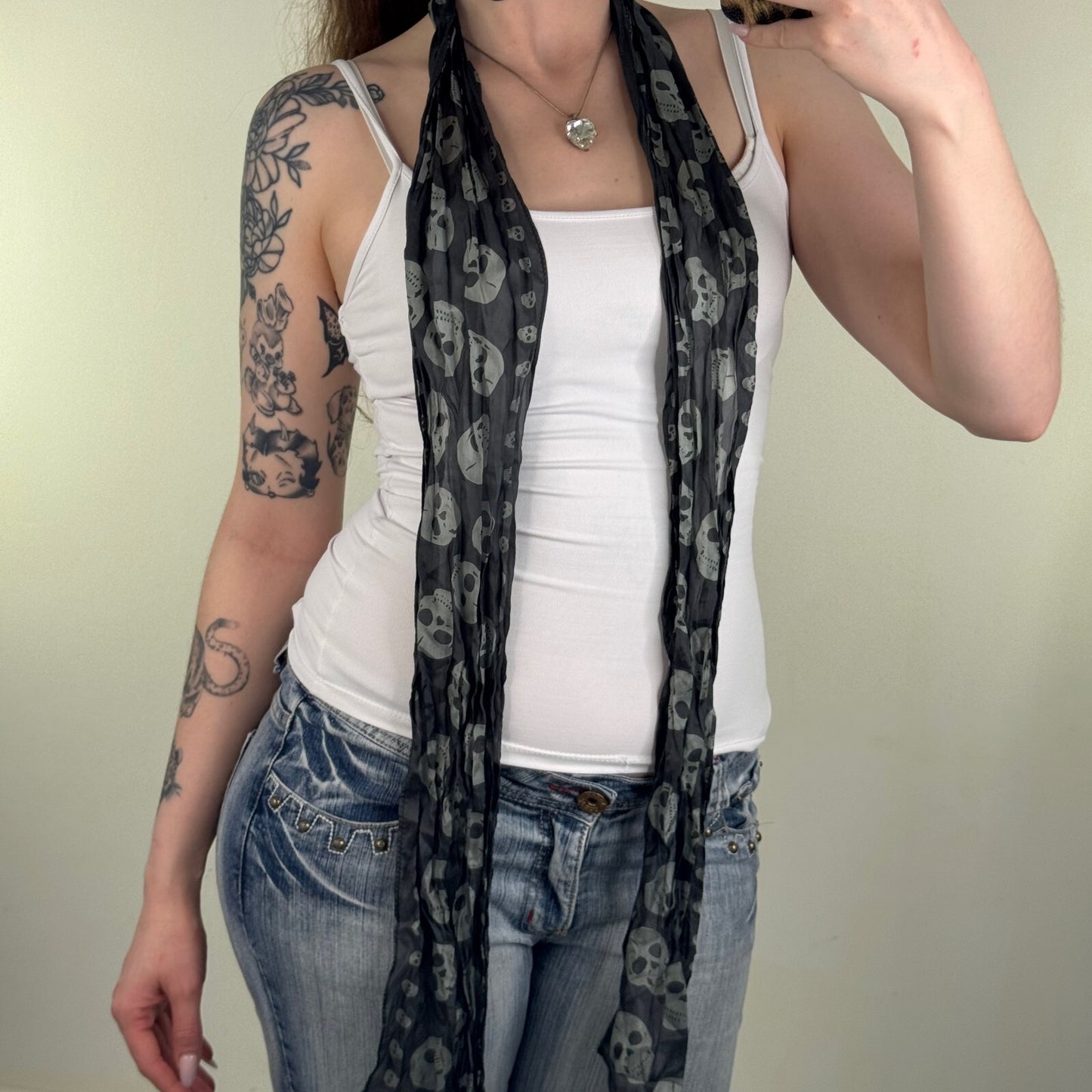 Y2K vintage 100% silk scarf skull print skinny thin
