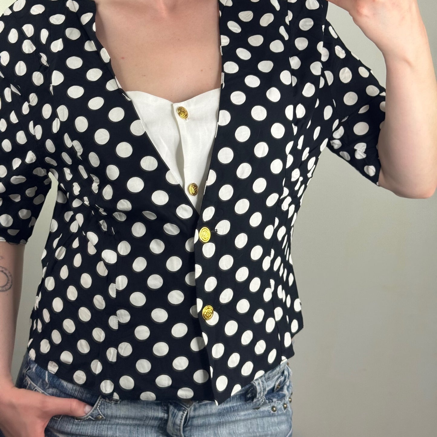 Vintage 80s blouse shoulder pads 3/4 sleeve polka dot shirt buttons tailored