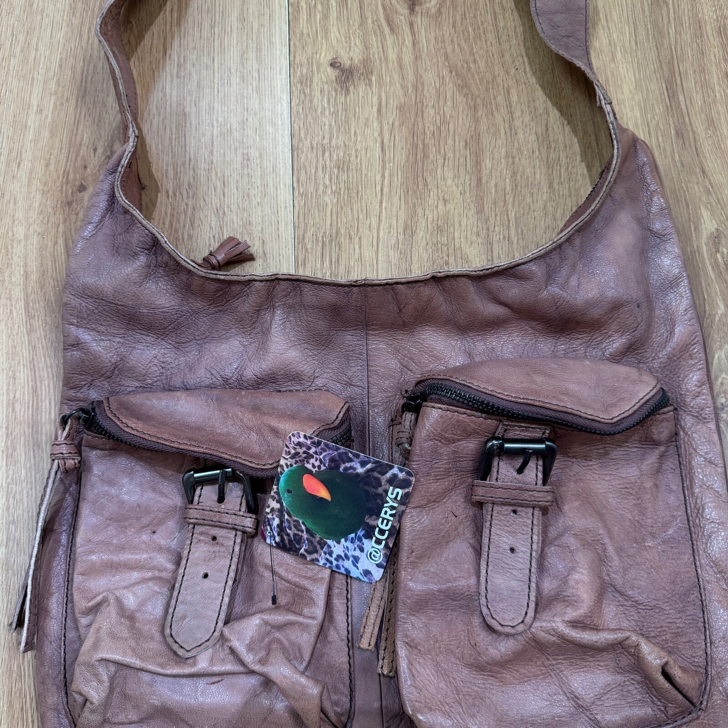 Y2K vintage 100% leather crossbody bag cargo pockets buckle faded dusty pink