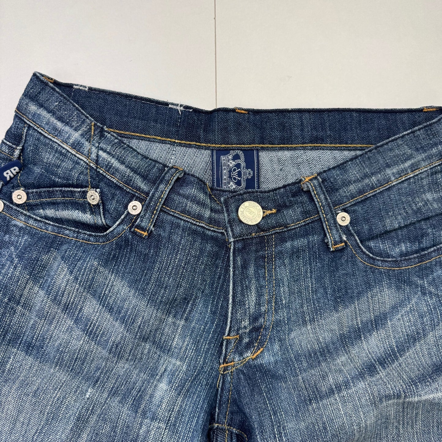 Y2K vintage Victoria Beckham bootcut denim jeans red crown faded low rise