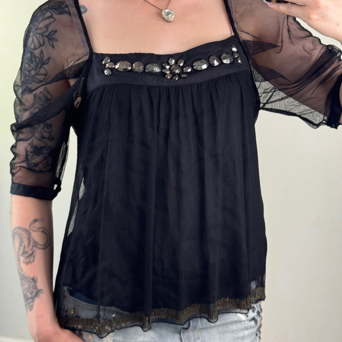 Y2K vintage silk blouse mesh 3/4 sleeve embellished boho layered square neck