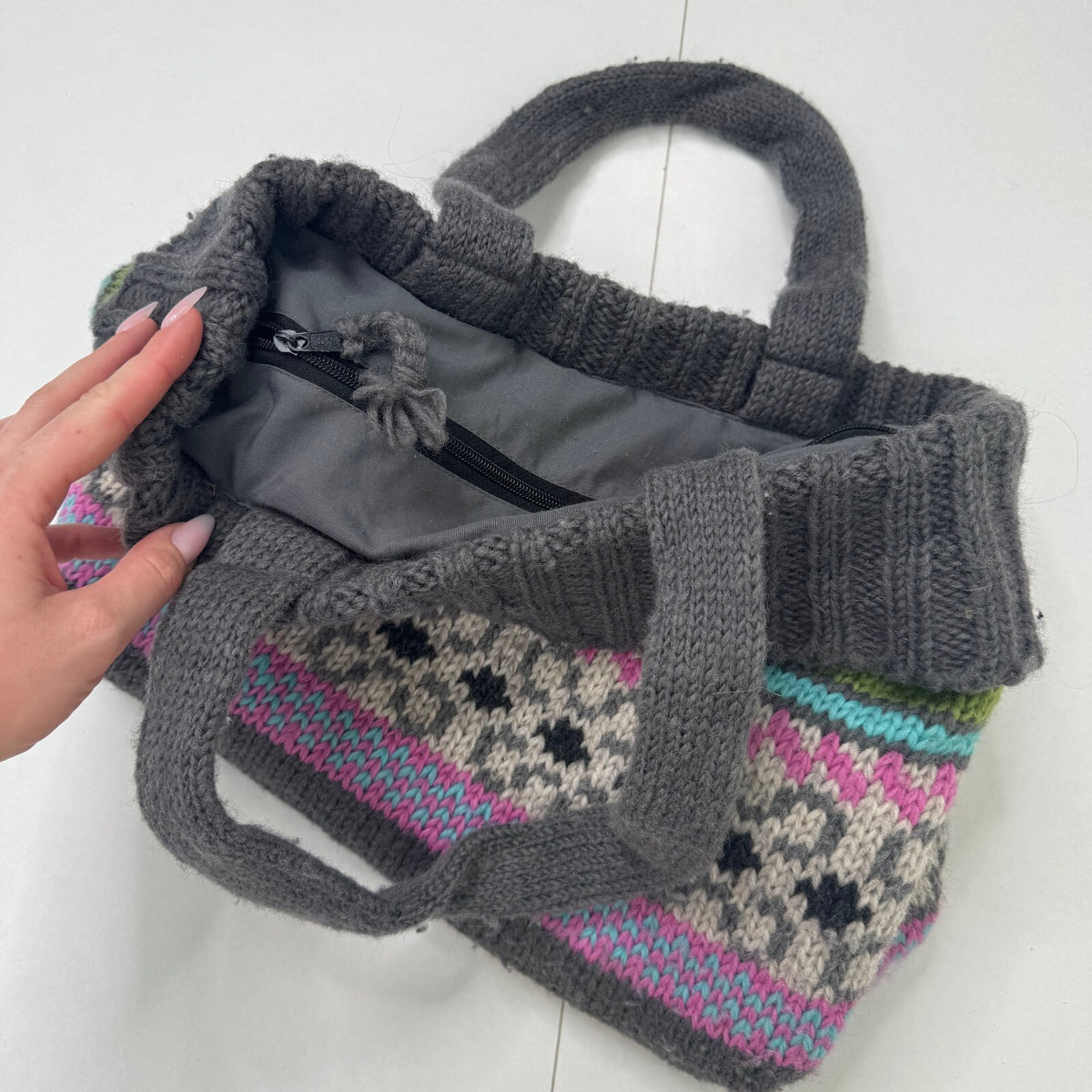 Y2K vintage wool shoulder bag pattern knitted medium boho ribbed floral stripe