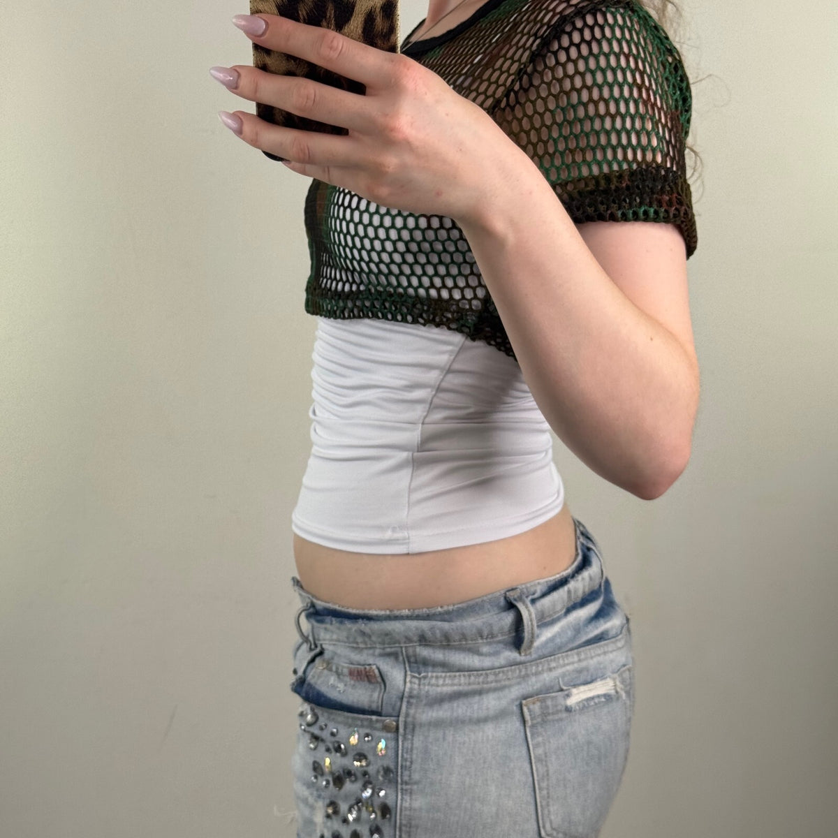 Y2K vintage super crop top camo print sheer short sleeve net sheer knit netted