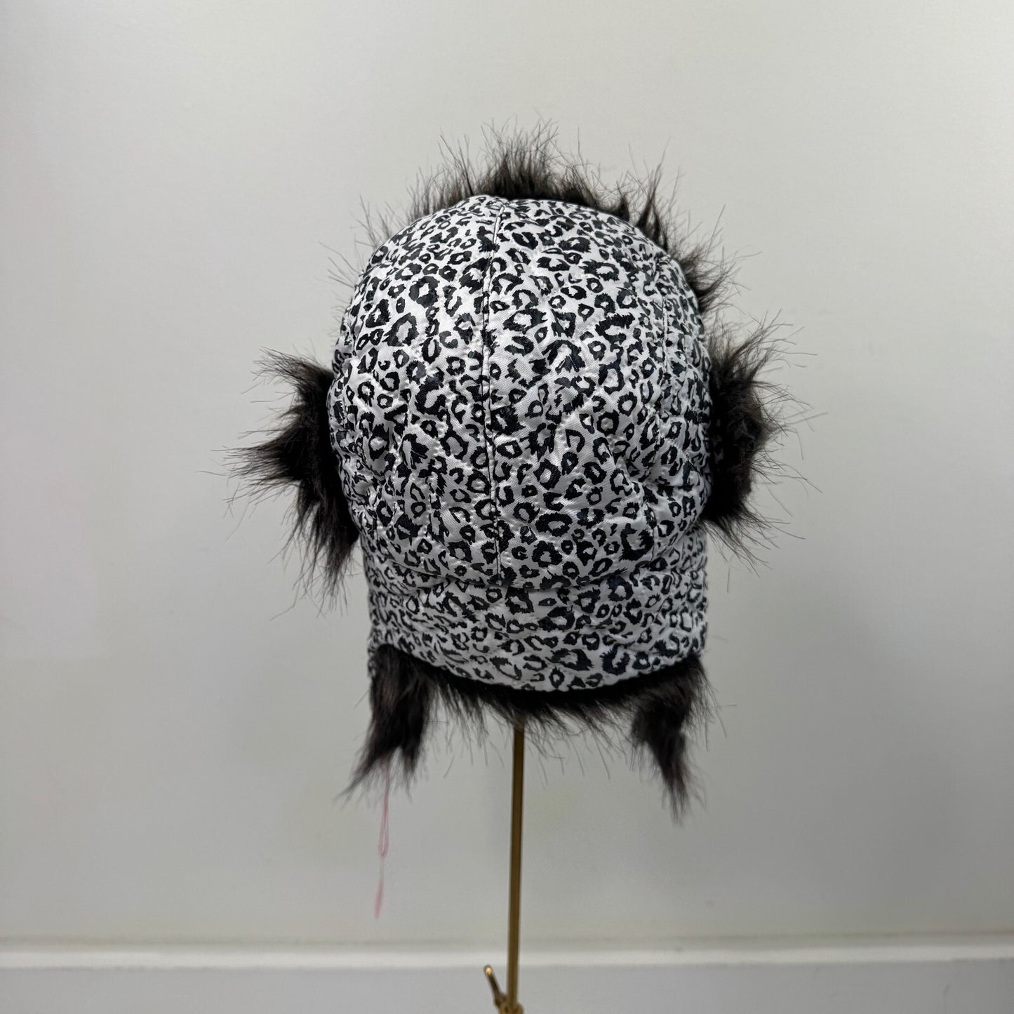 Y2K vintage trapper hat faux fur leopard print quilted black white unisex