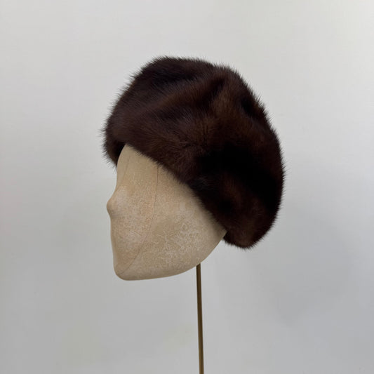 Vintage genuine mink fur hat cossack-style pillbox dark brown
