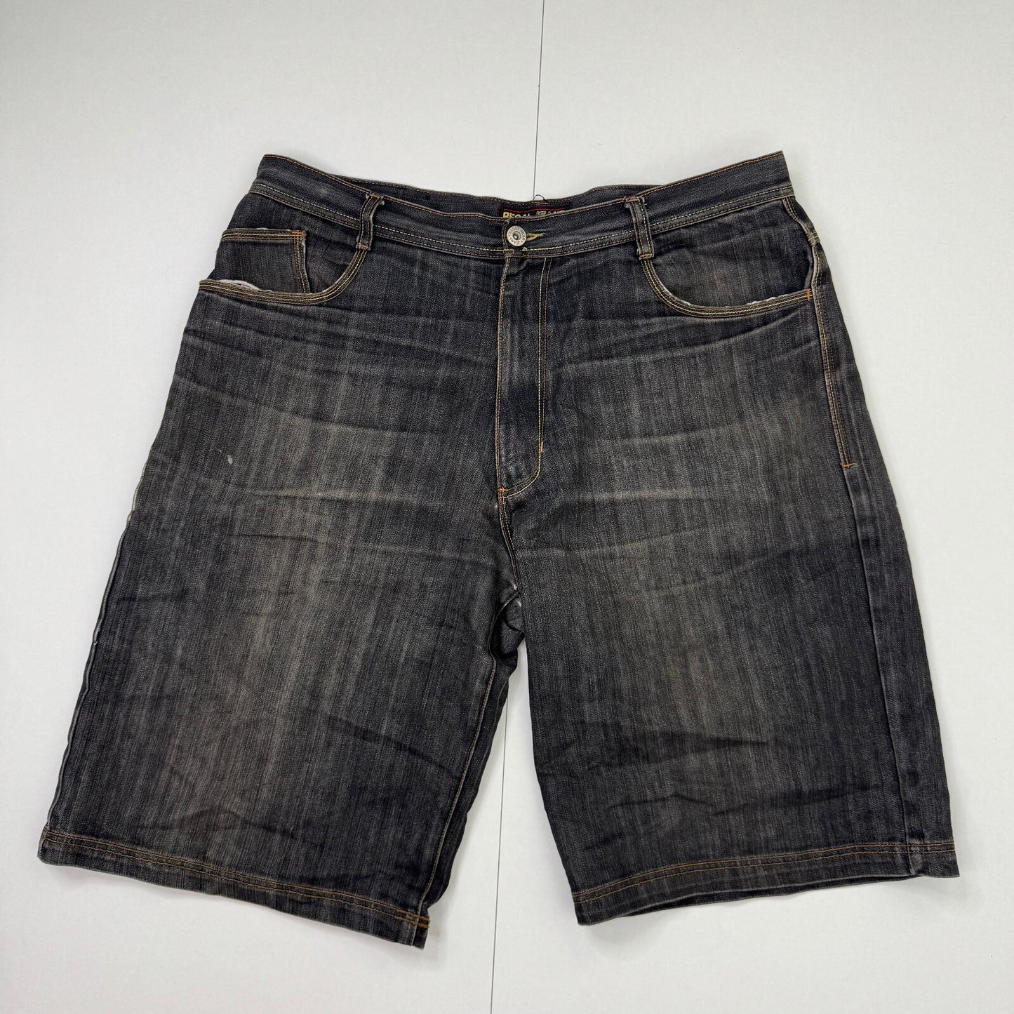 Y2K vintage jorts denim shorts embroidered crown dark grey wash contrast baggy