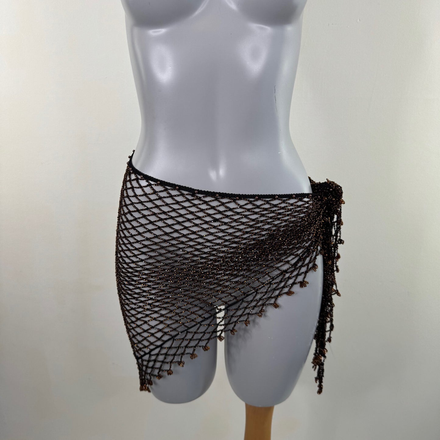 Y2K vintage beaded sarong fine knit black brown cover up scarf