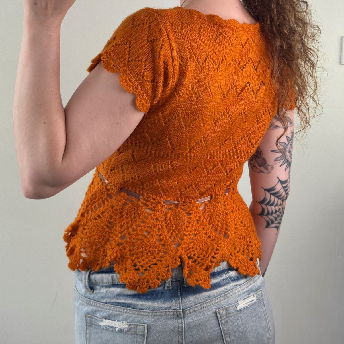 Y2K vintage mohair knit short sleeve top beaded floral embellished sheer bow