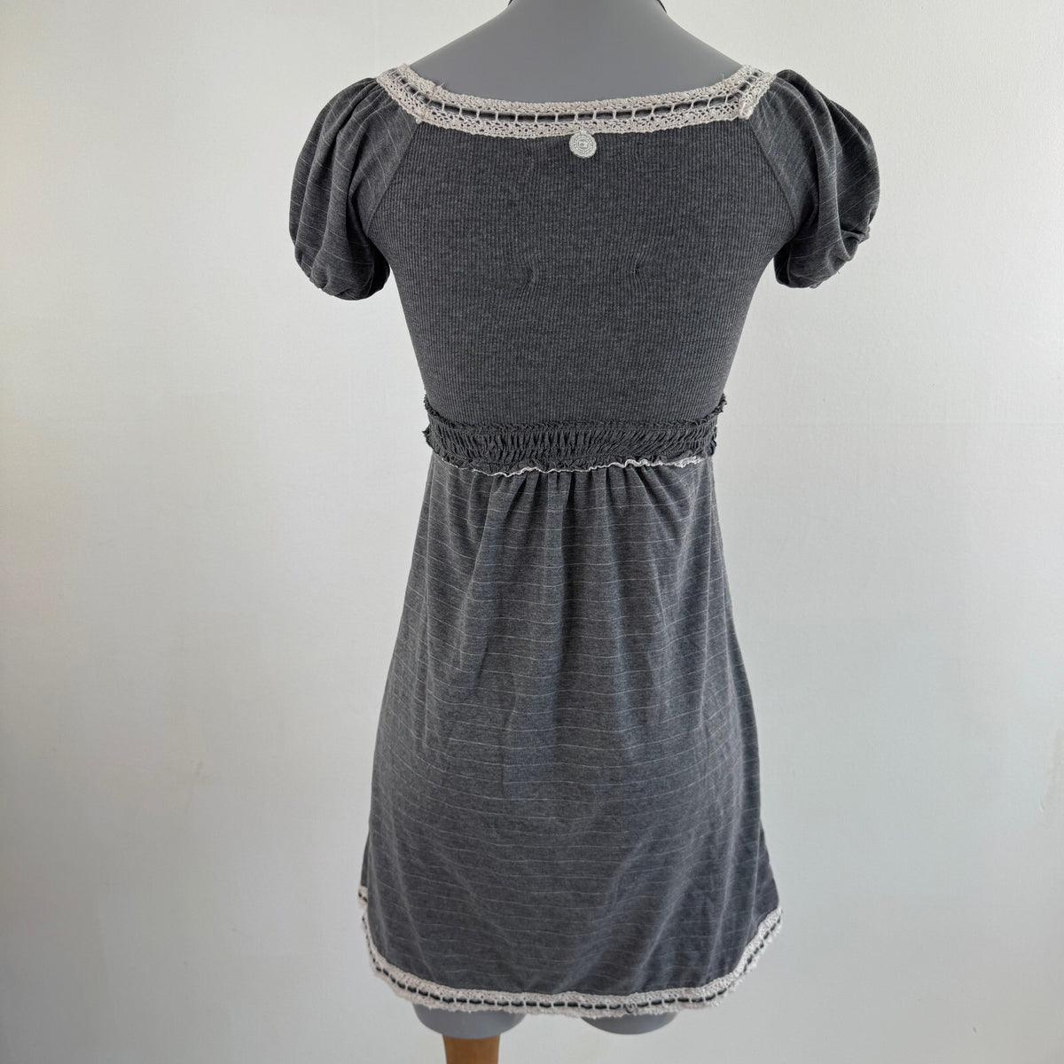 Y2K vintage mini dress coquette stripe a line puff sleeve short bow ruched grey
