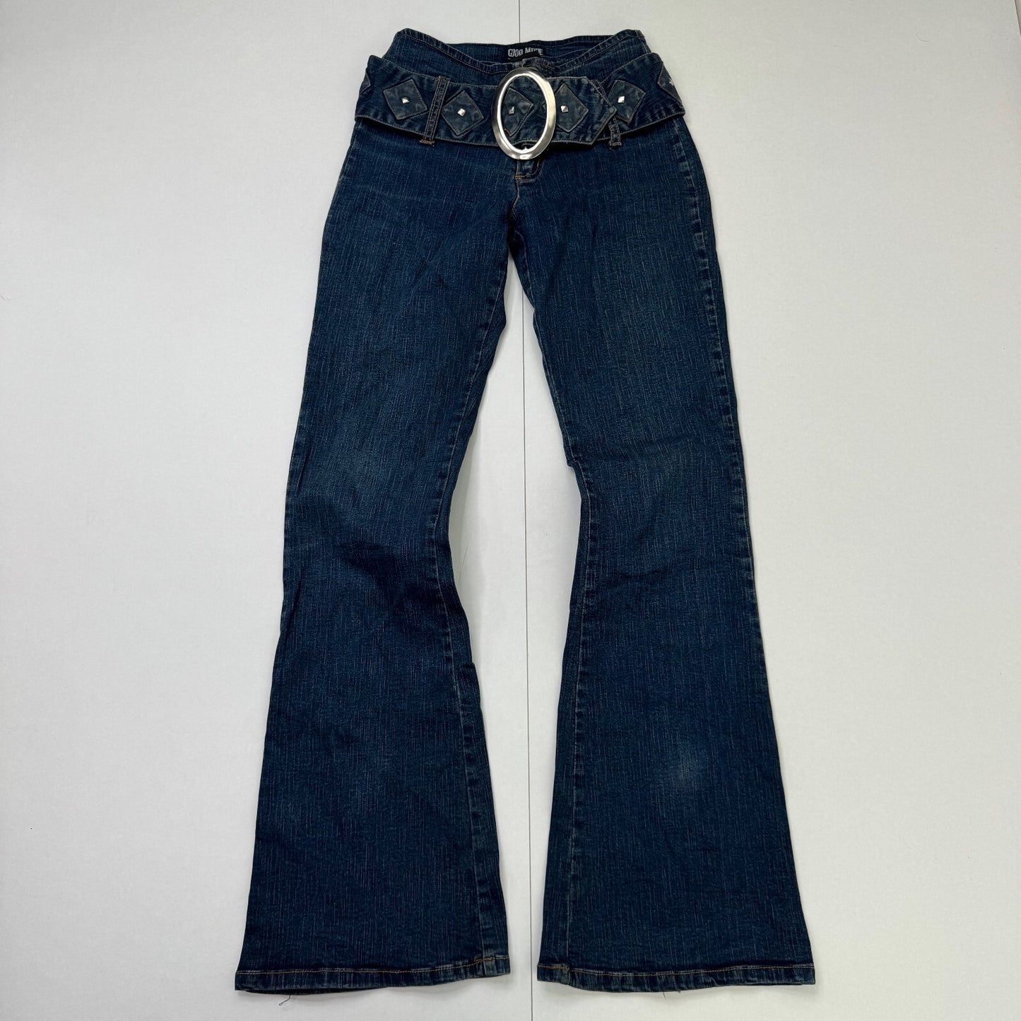 Y2K vintage bootcut denim jeans dark blue wash with chunky belt studs mid rise