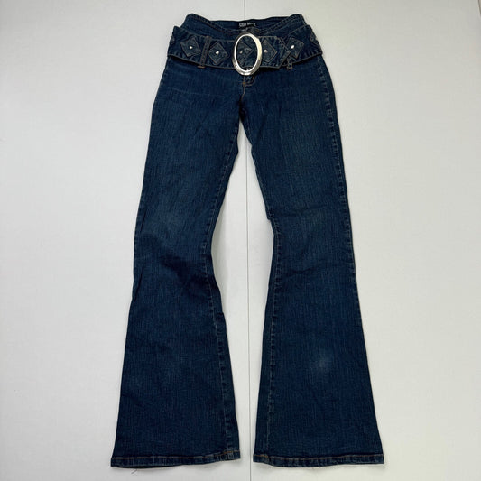 Y2K vintage bootcut denim jeans dark blue wash with chunky belt studs mid rise