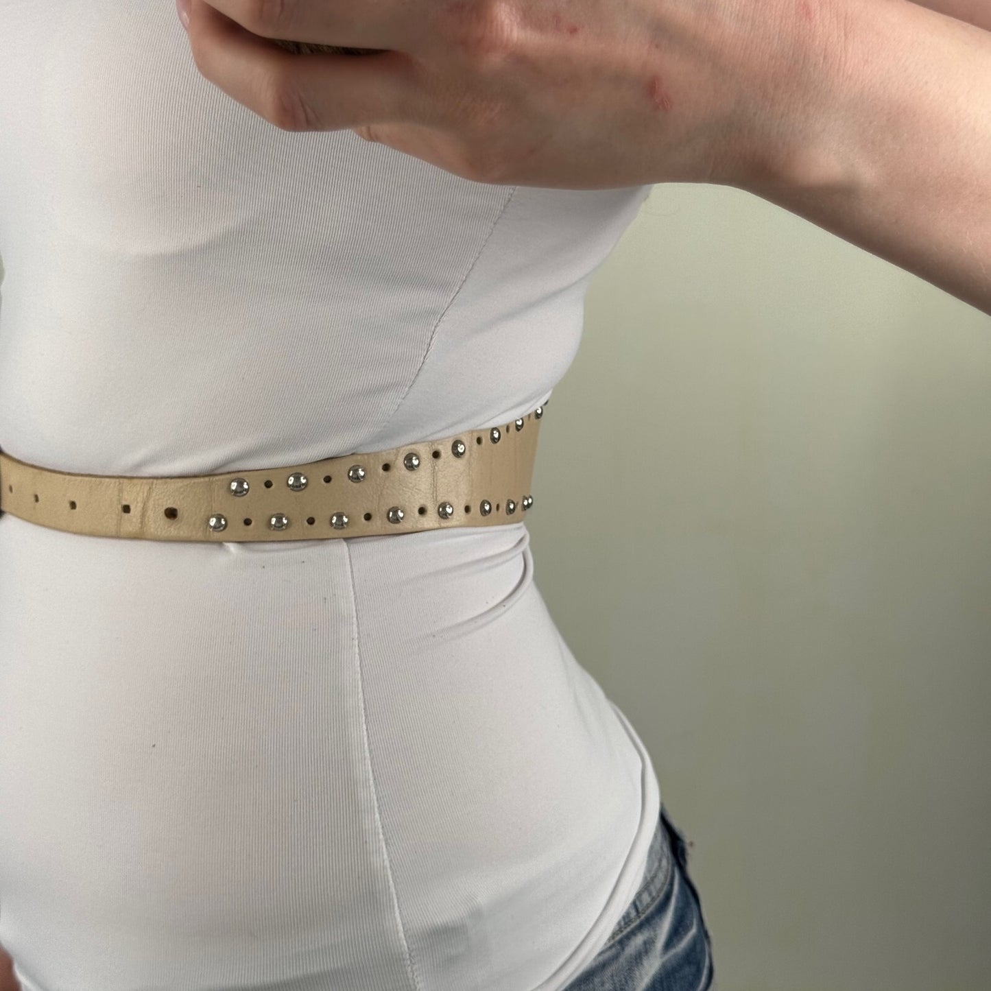 Vintage genuine leather belt studded western cream silver