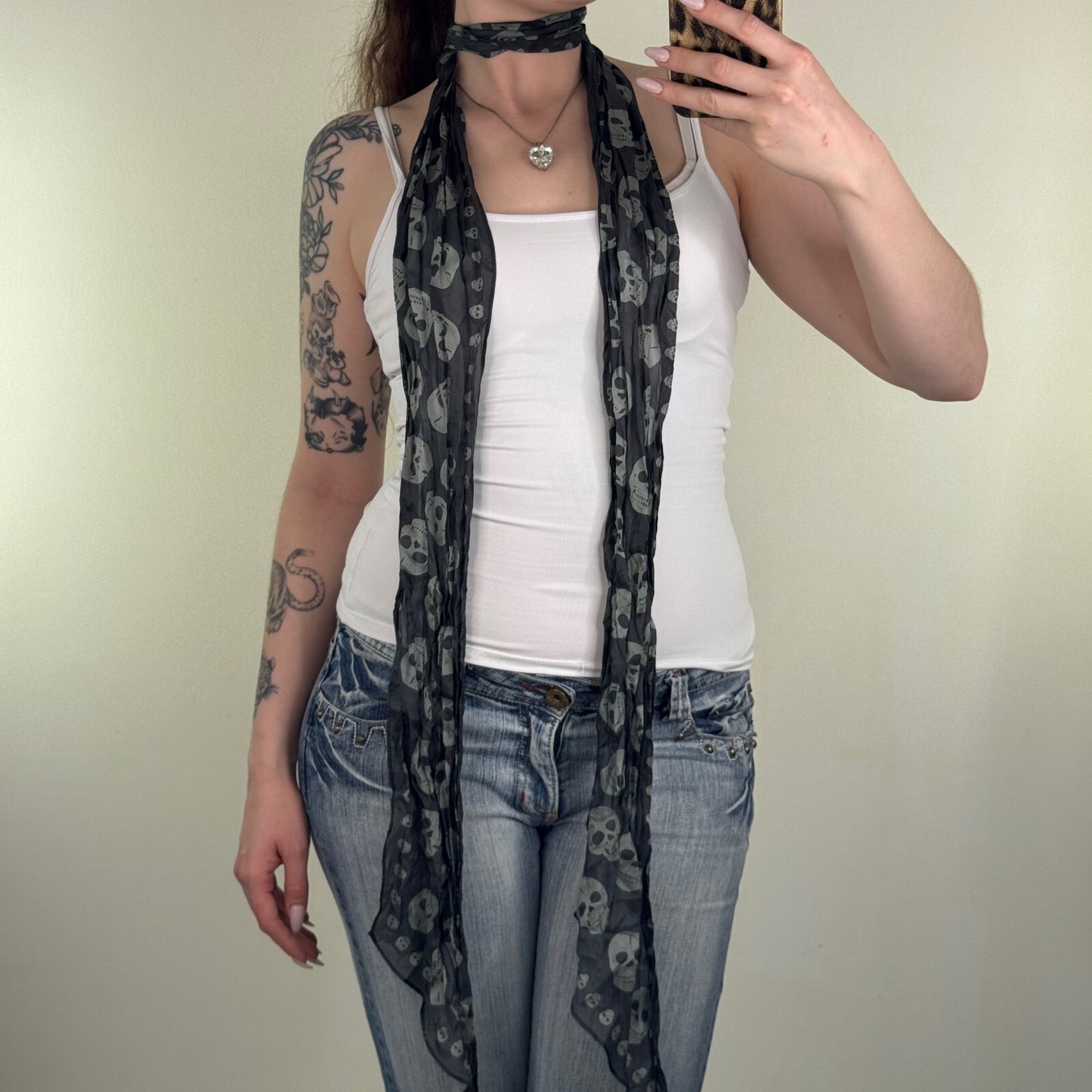 Y2K vintage 100% silk scarf skull print skinny thin