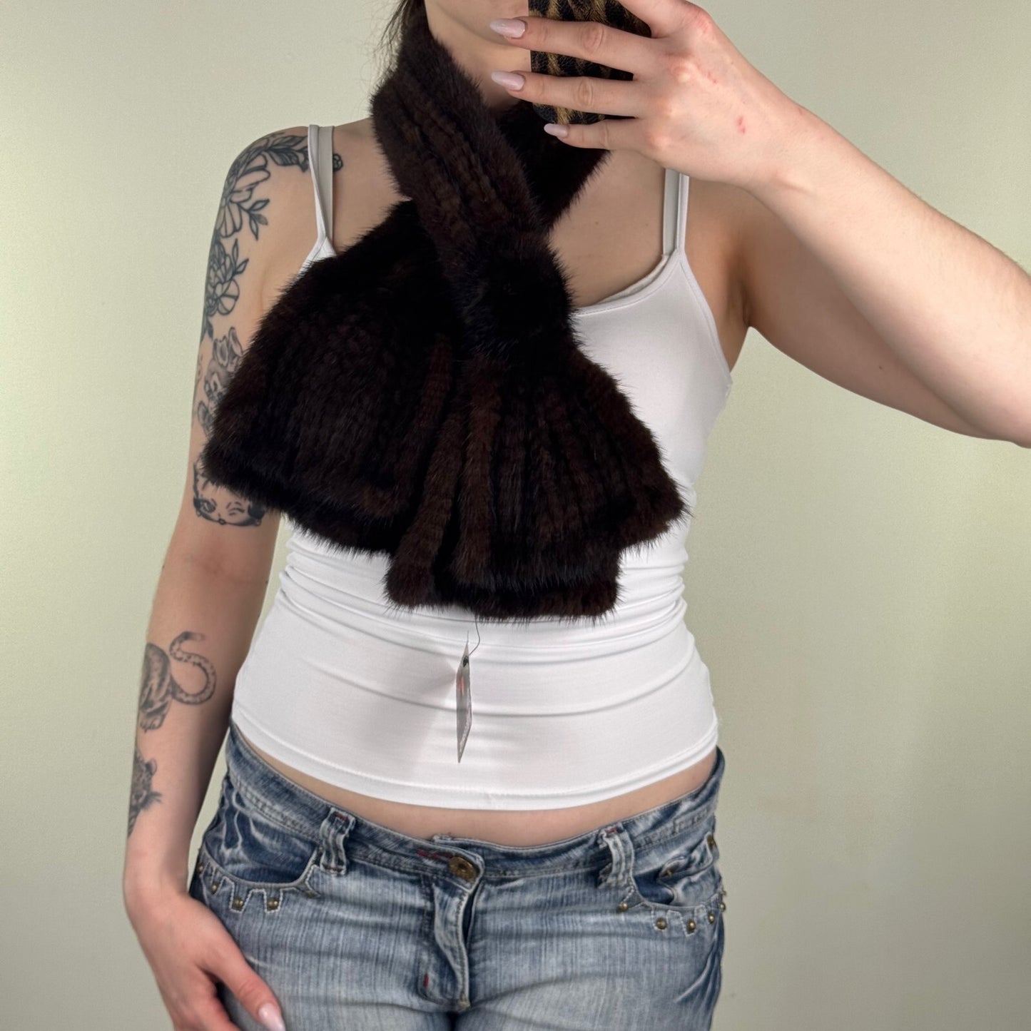 Vintage genuine mink fur scarf dark brown short length