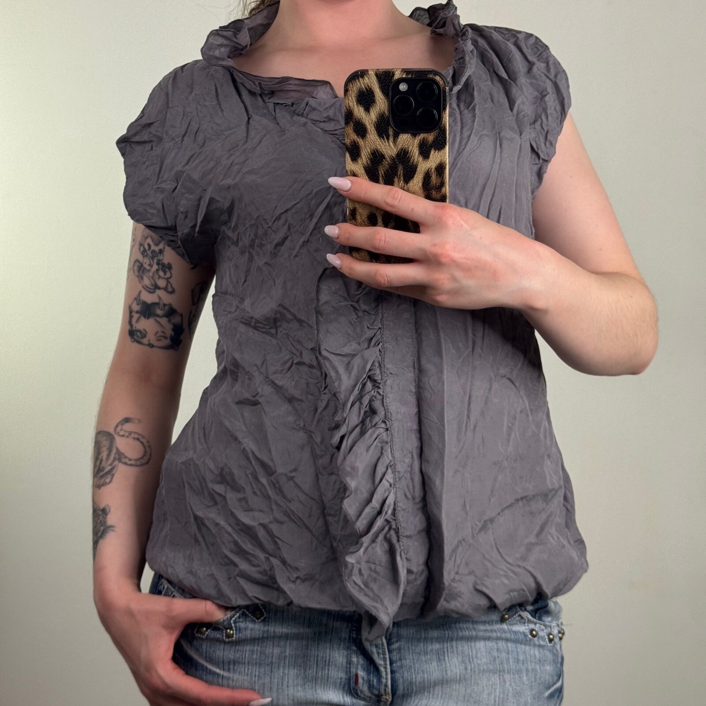 Y2K vintage 100% silk blouse ruffle puff cap short sleeve button up frilly