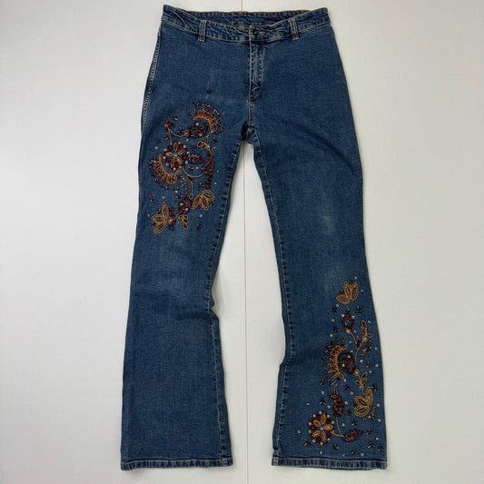 Y2K vintage bootcut denim jeans mid rise embroidered beaded sequin boho