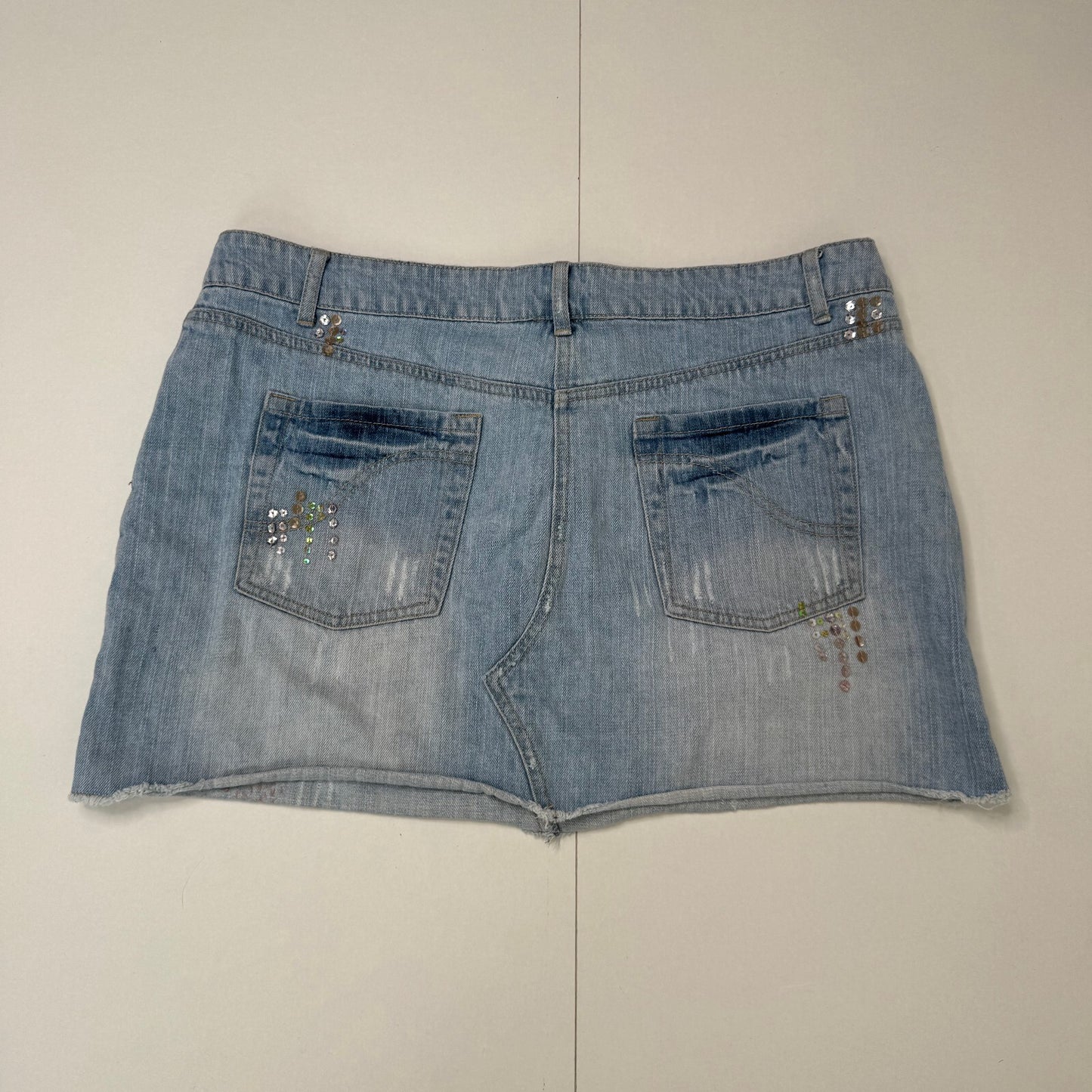 Y2K vintage mini skirt sequin light blue denim wash distressed embellished