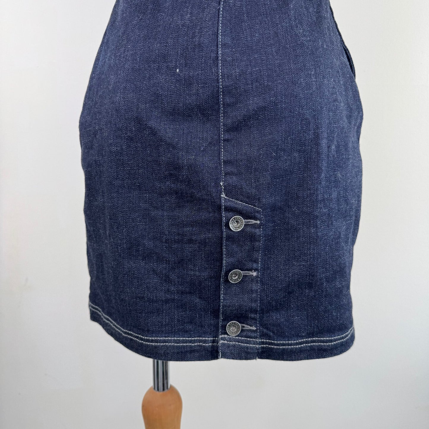 Y2K vintage Ted Baker denim mini dress ruffle bust button up sleeveless fitted