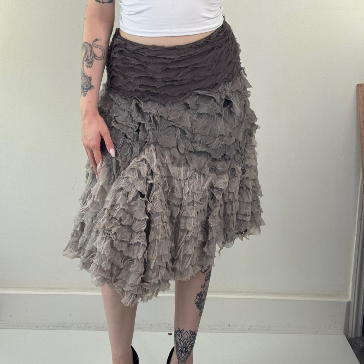 Y2K vintage midi skirt part silk ruffle tiered grey asymmetrical ombre Italian