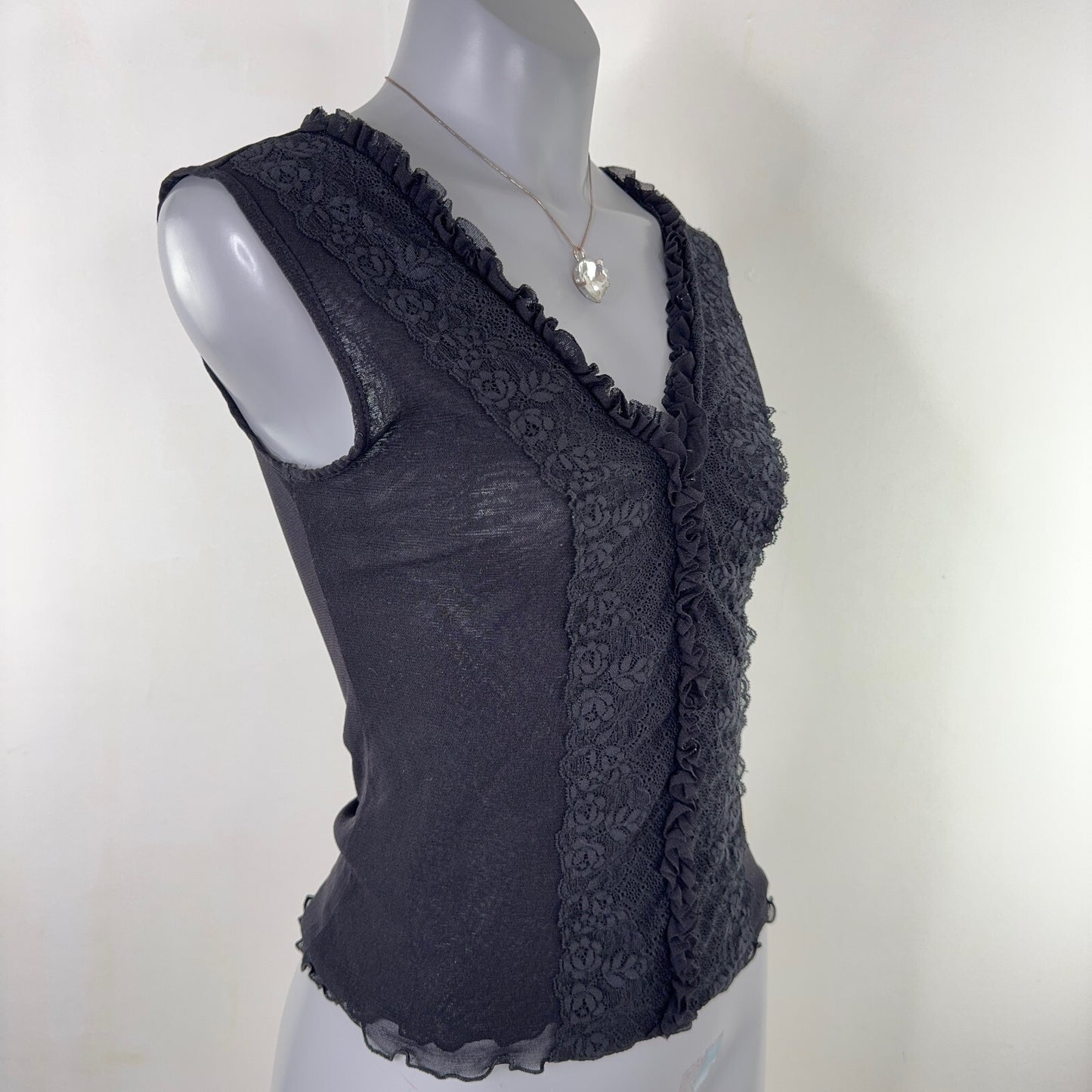Y2K vintage tank top mesh lace stretchy ruffle double layer v neck