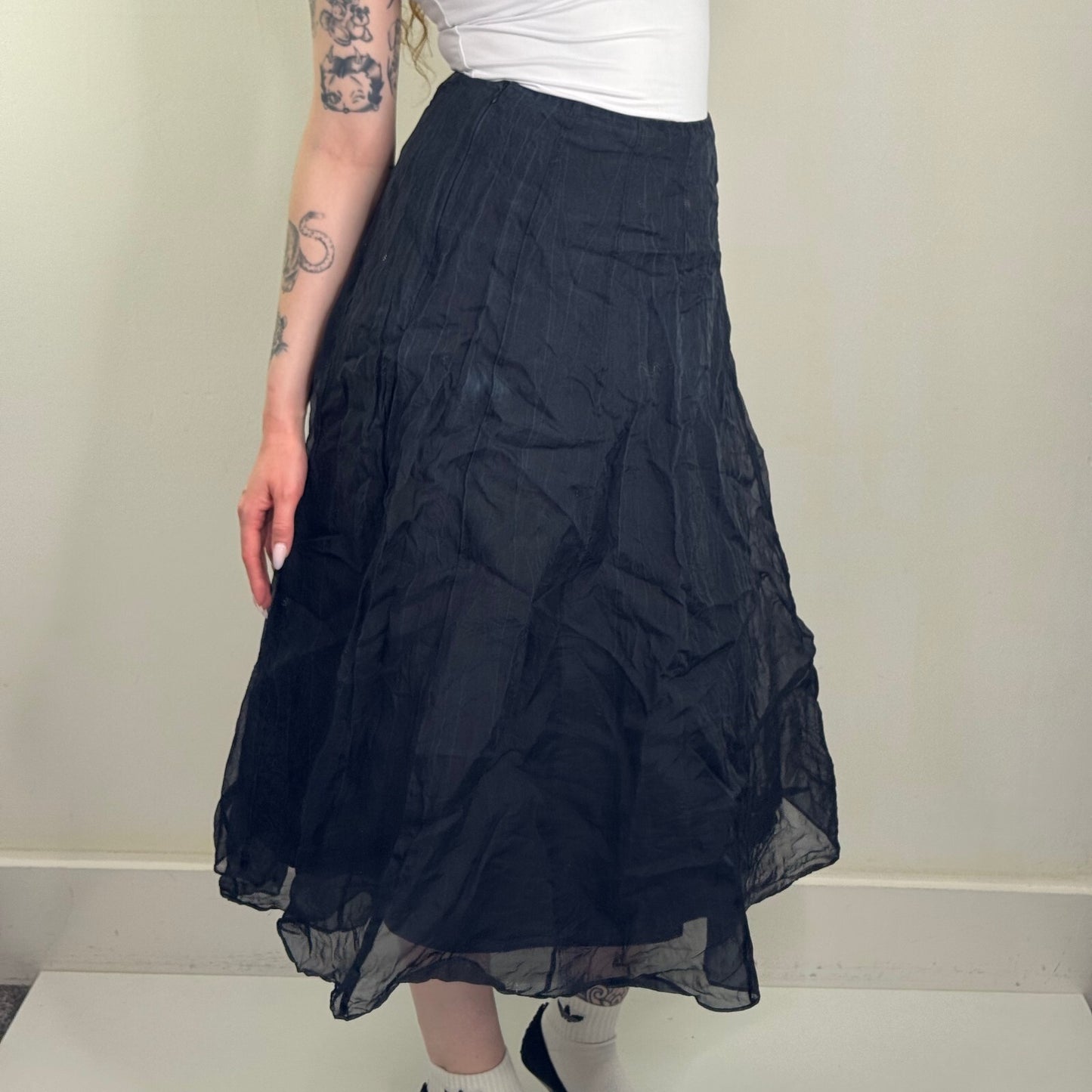 Y2K vintage 100% silk maxi skirt a line double layer black crinkle