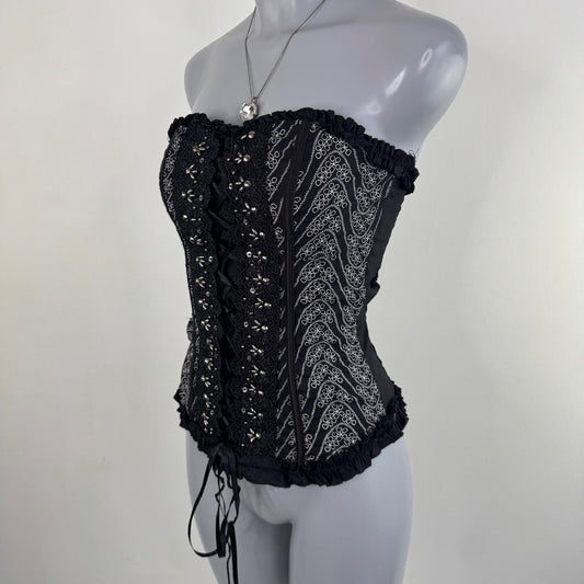 Y2K vintage strapless top lace trim lace up broderie anglaise beaded bow