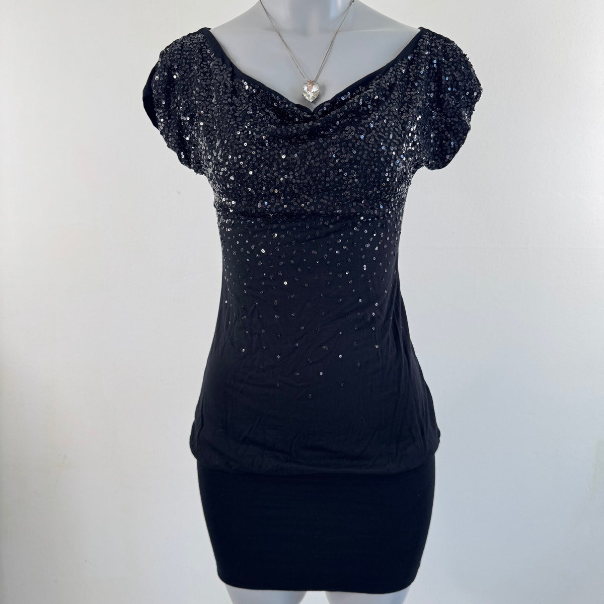Y2K vintage Jane Norman mini dress sequin peplum ruched slouchy fitted