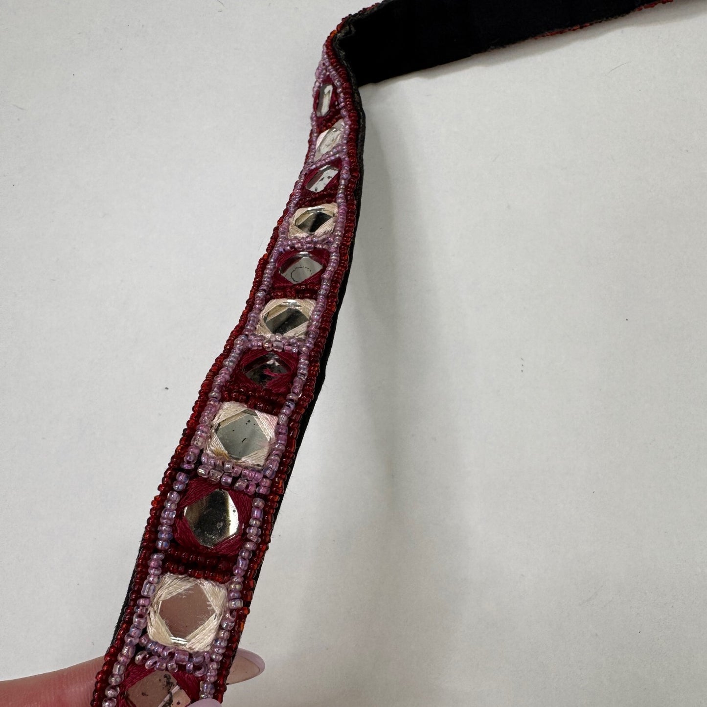 Y2K vintage belt adjustable boho beaded velvet burgundy purple cream tie bow
