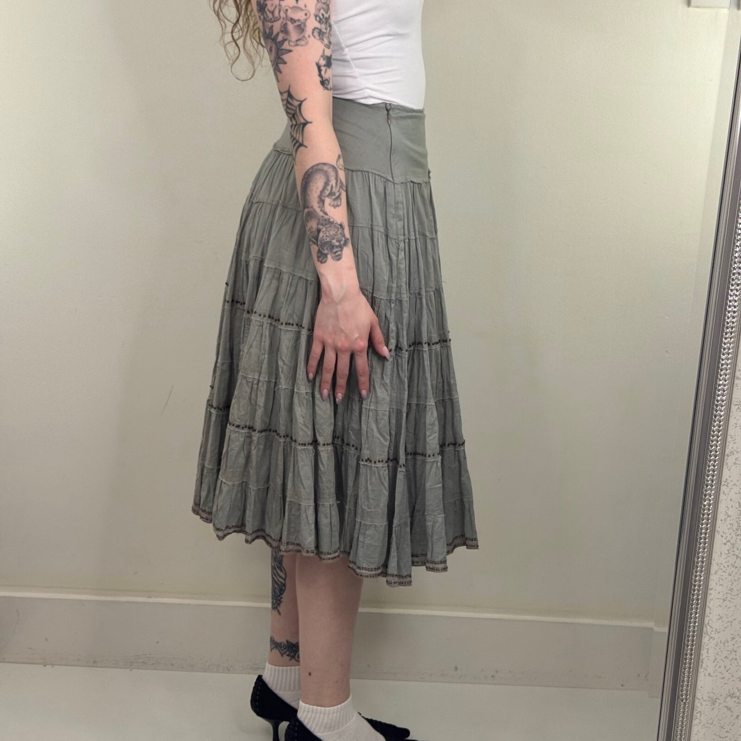 Y2K vintage maxi skirt tiered beaded a line boho summer fraying hem summer