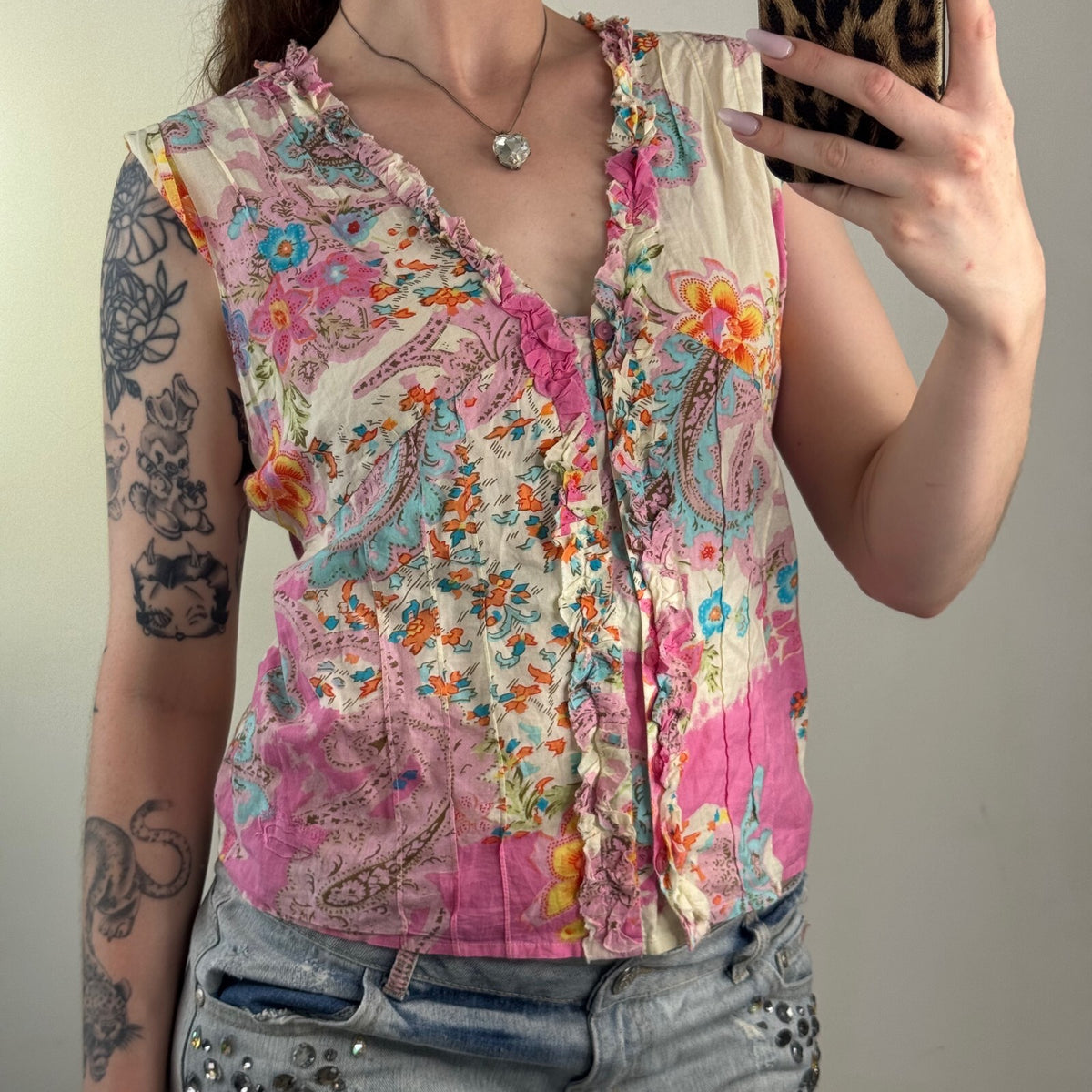 Y2K vintage floral blouse sleeveless button up tie back bow v neck ruffle