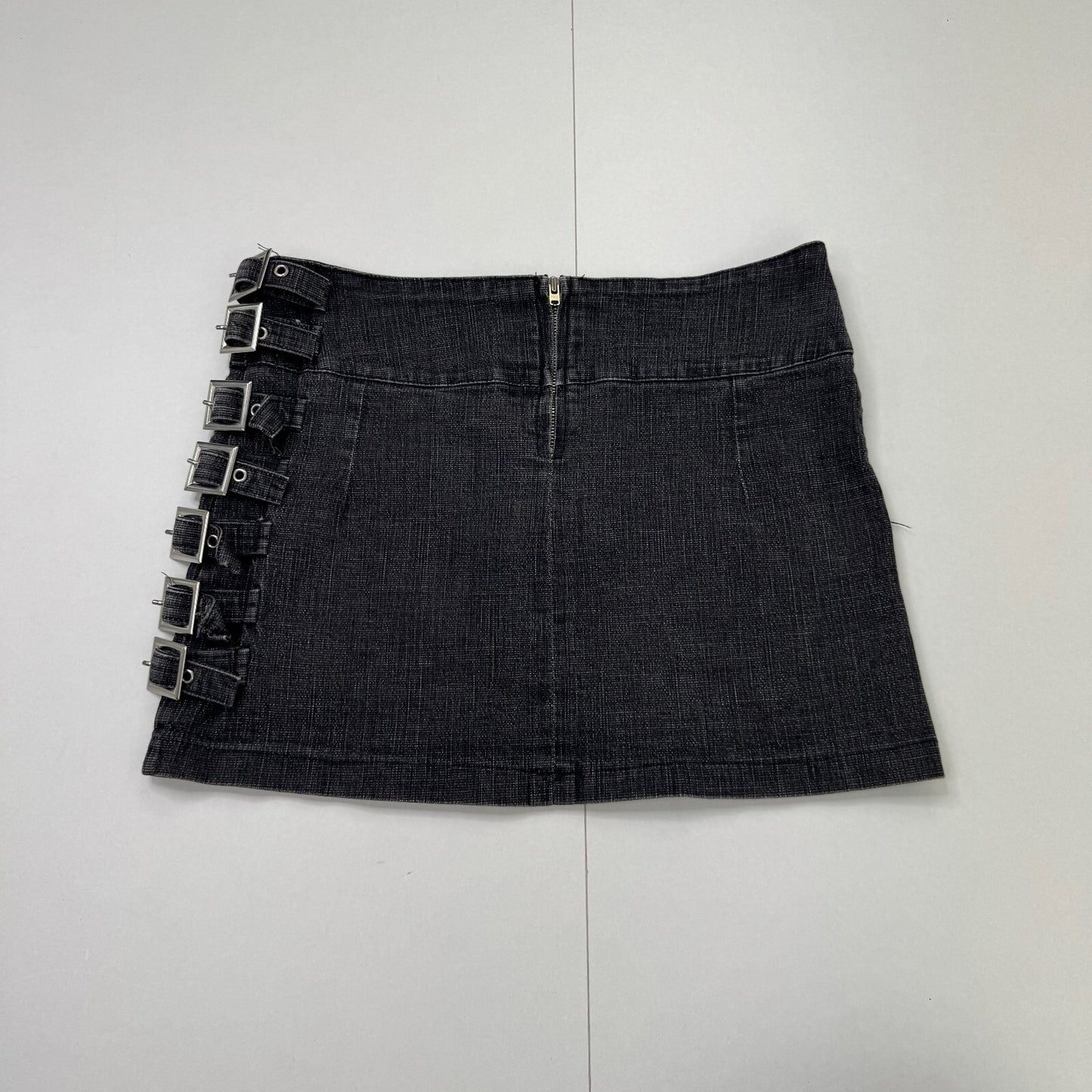 Y2K vintage denim mini skirt buckle stretchy alt archive dark grey eyelet