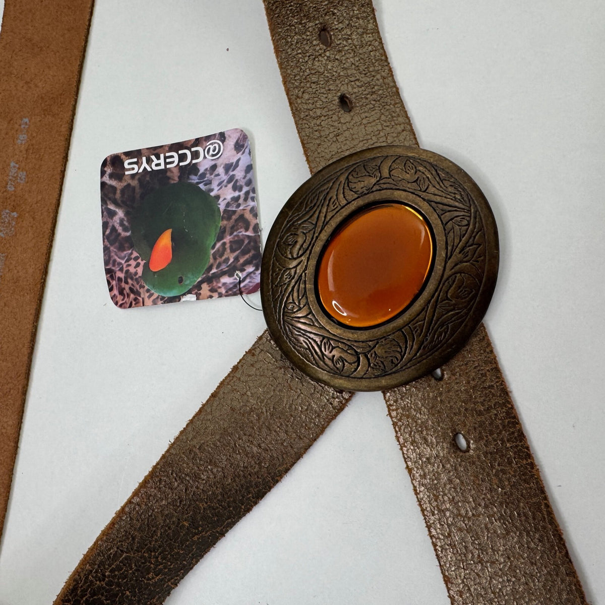 Y2K vintage genuine leather belt western metallic embossed brown chunky oval