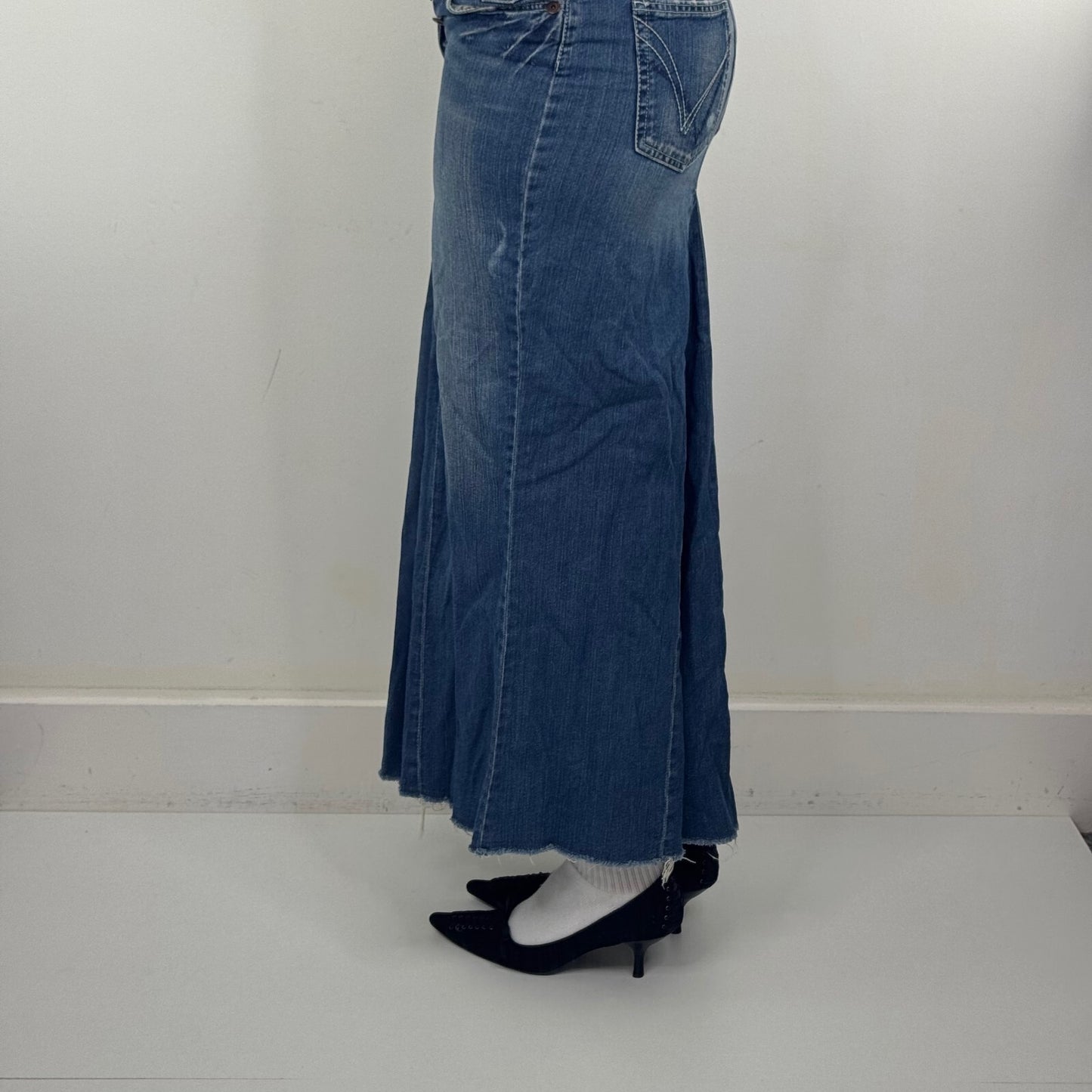 Y2K vintage denim maxi skirt faded blue wash a line distressed fishtail fitted