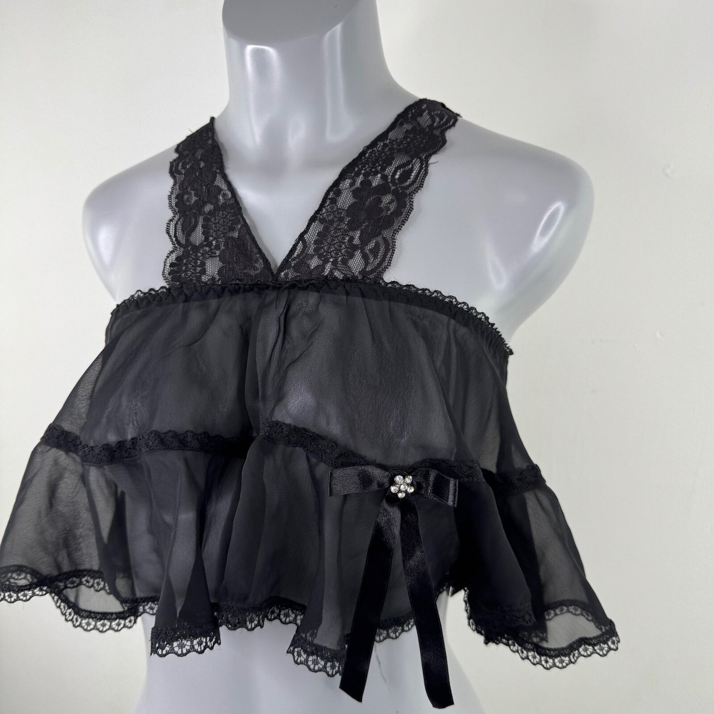 Y2K vintage Ann Summers crop top sheer lace tiered layered babydoll racer back