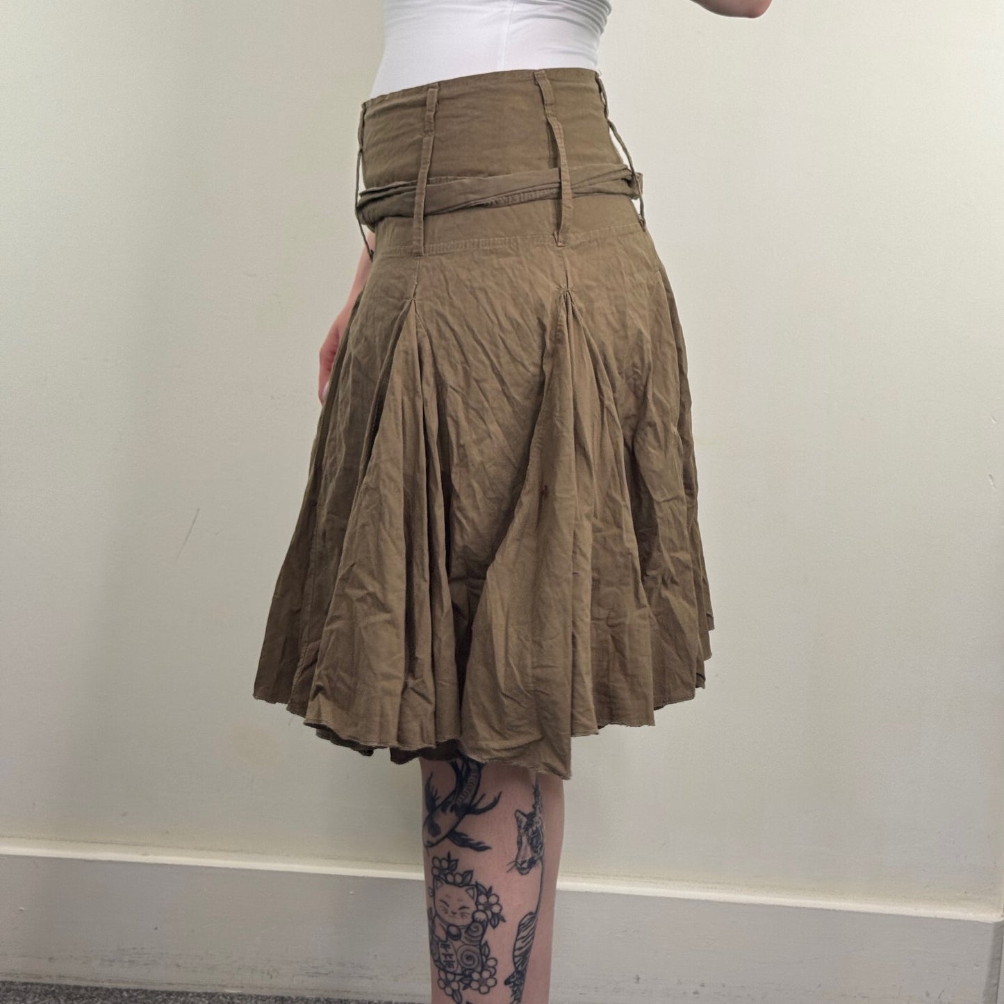 Y2K vintage midi skirt a line ruffle gathered adjustable bow knee length