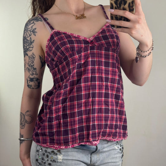 Y2K vintage Jack Wills cami top tartan print purple pink v neck bow babydoll
