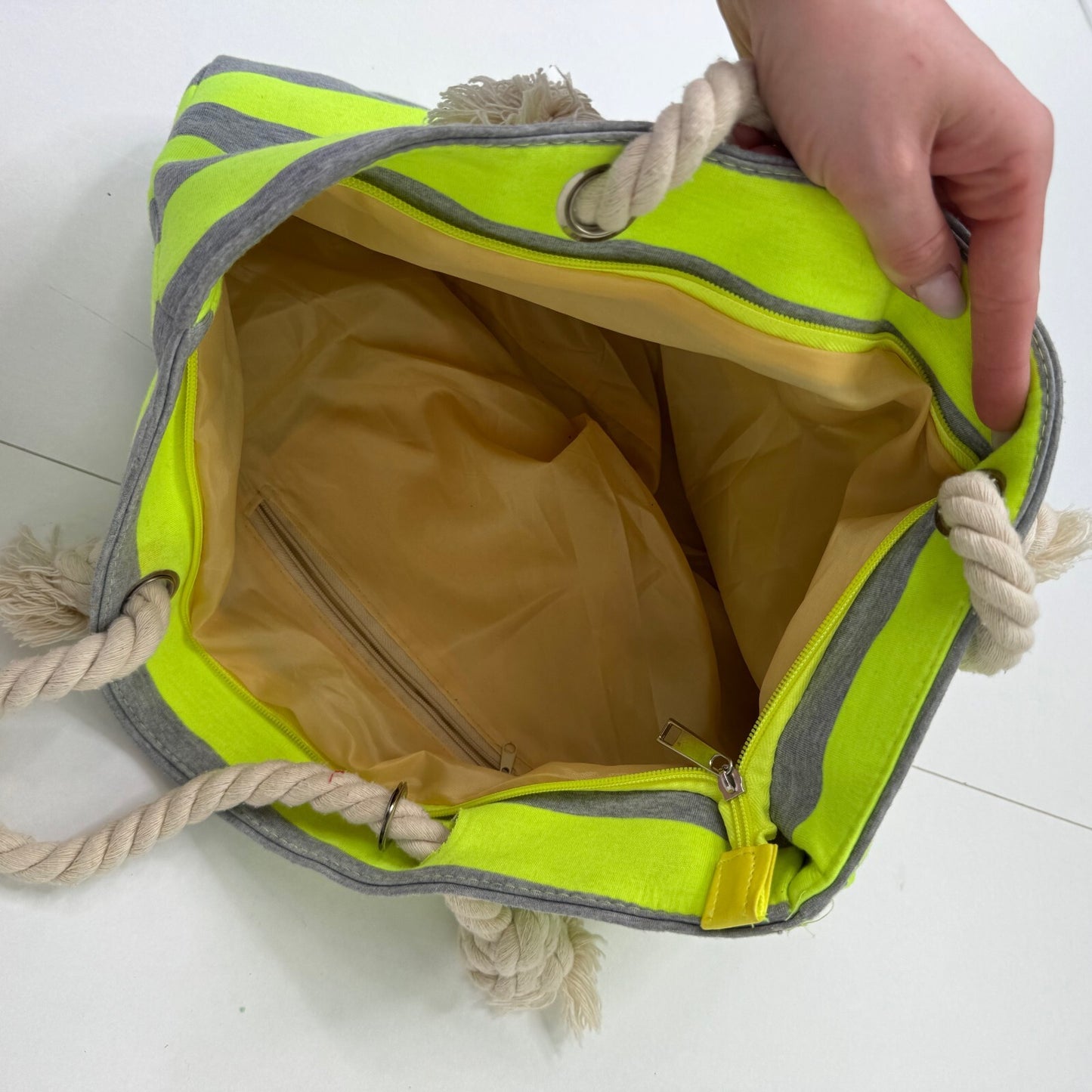 Vintage shoulder bag large tote neon grey yellow stripe beach 2010s braided rope