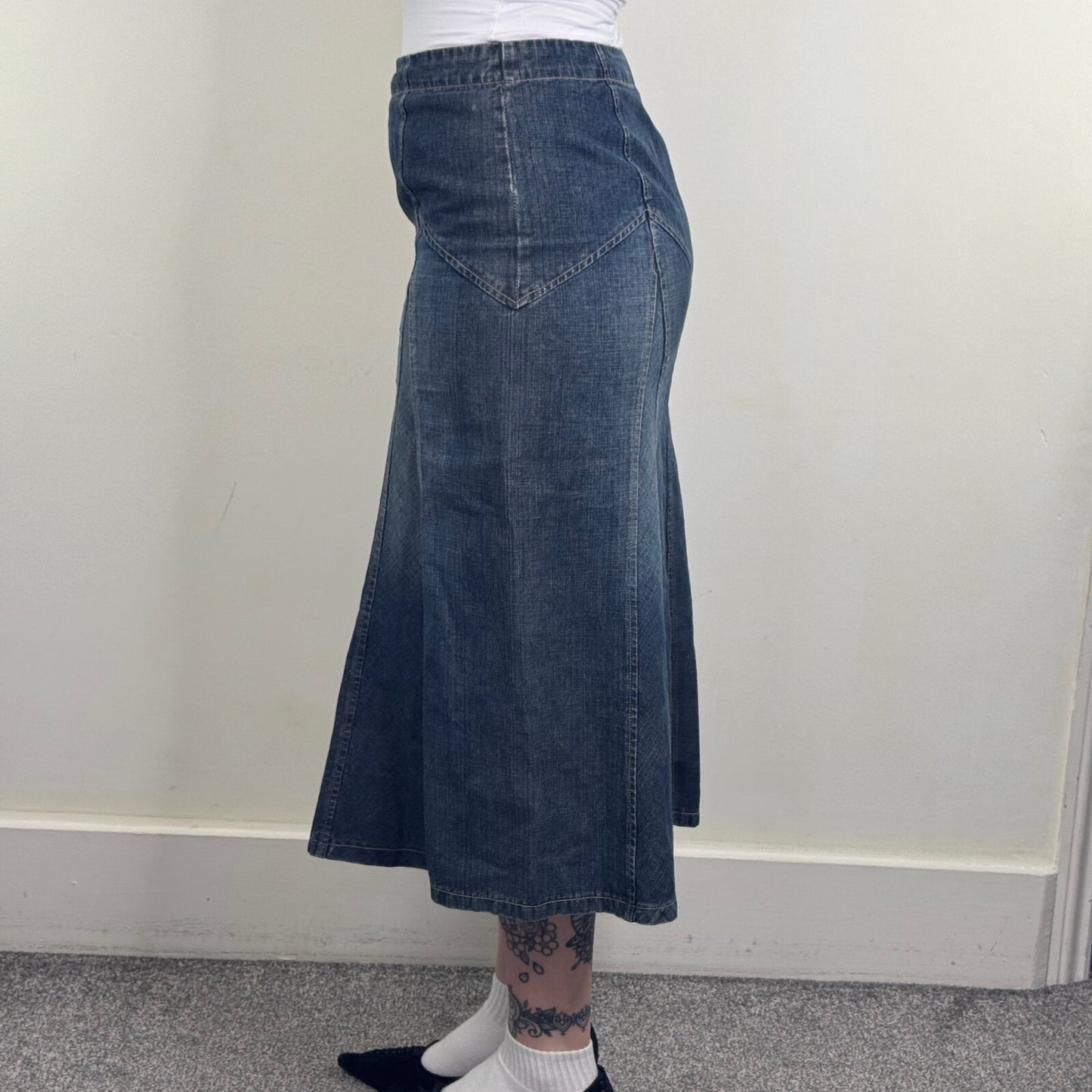 Y2K vintage denim maxi skirt a line faded blue wash gathered flowy calf length