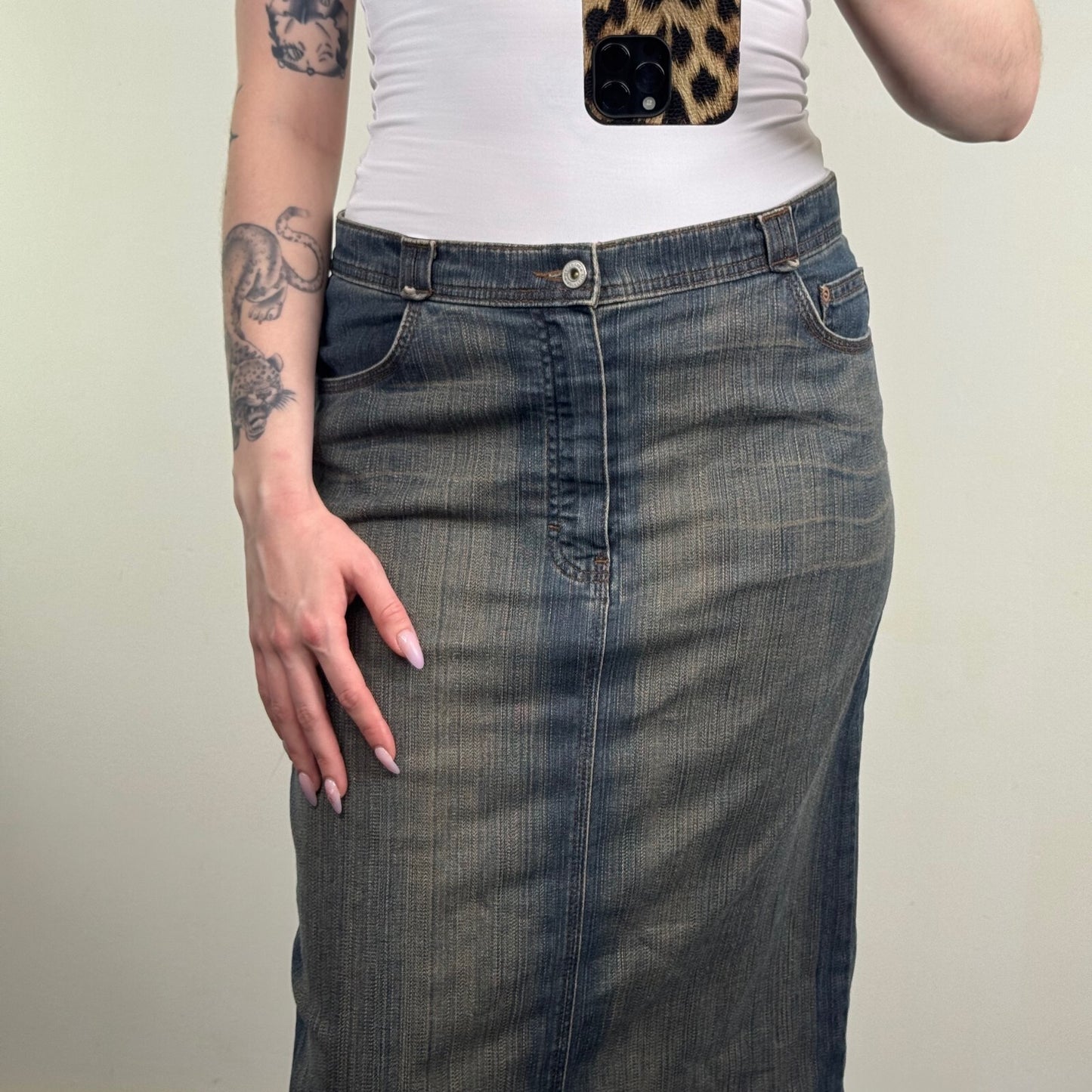Y2K vintage denim maxi skirt denim dirty blue wash stretchy slit full length